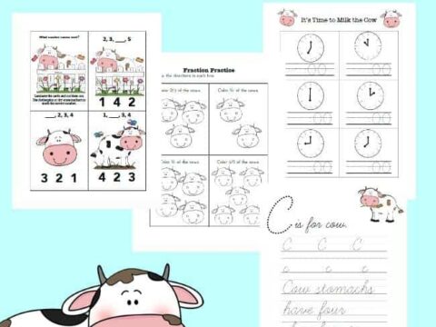 A promotional image for a free cows-themed printable for K-2 students. Includes activities with cow illustrations, clock exercises, and handwriting practice. Text reads, Embark on the Journey for Homeschool Encouragement.