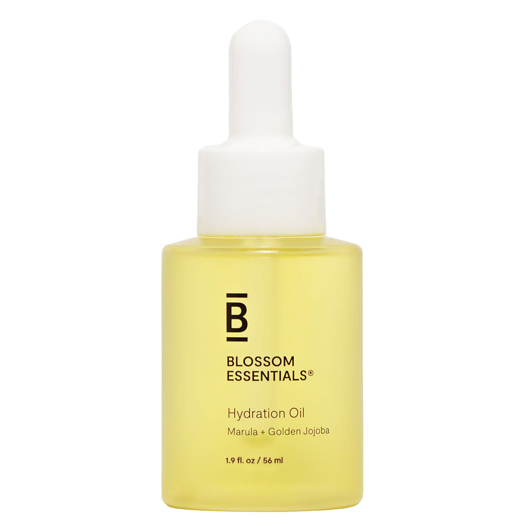 A bottle of Blossom Essentials Hydration Oil with Marula and Golden Jojoba. It has a dropper cap and contains 1.9 fl oz (56 mL) of yellow oil.