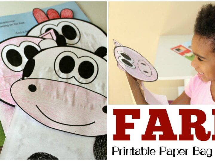 A child smiles while holding a paper bag puppet featuring a printed farm animal face. Next to the child, an open book shows additional animal faces for crafting. The text at the bottom reads, FARM Printable Paper Bag Puppets.