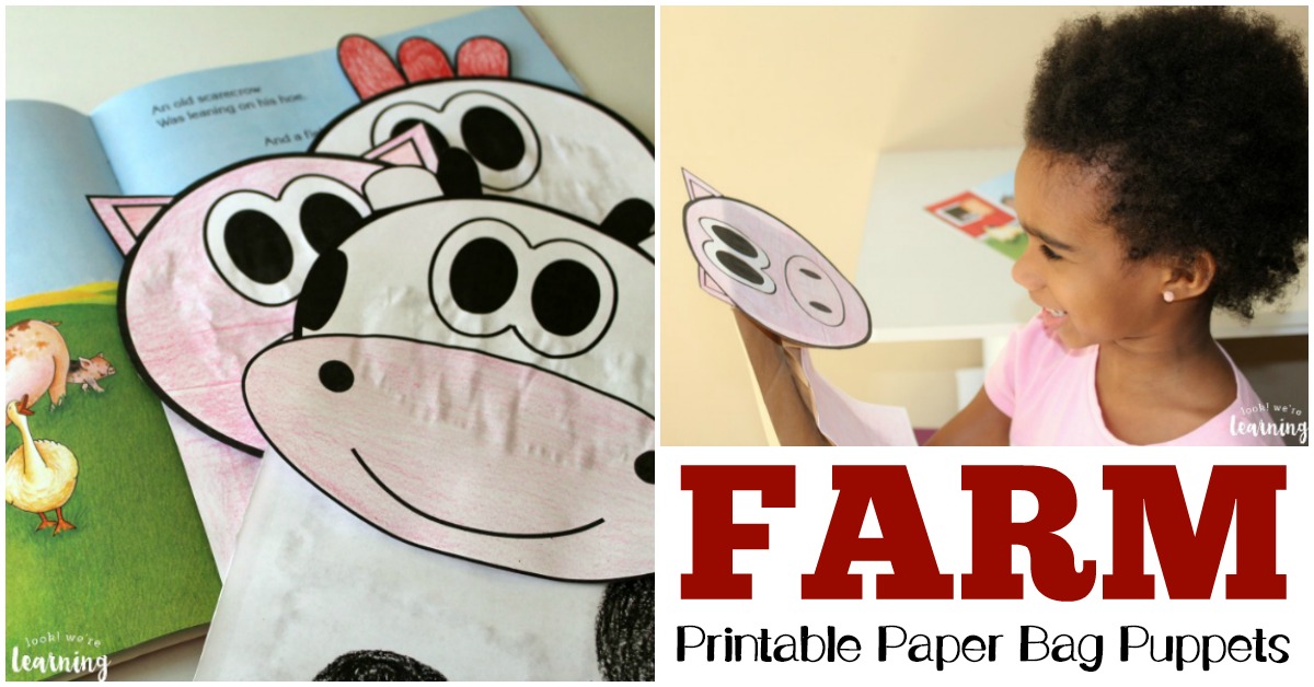 A child smiles while holding a paper bag puppet featuring a printed farm animal face. Next to the child, an open book shows additional animal faces for crafting. The text at the bottom reads, FARM Printable Paper Bag Puppets.