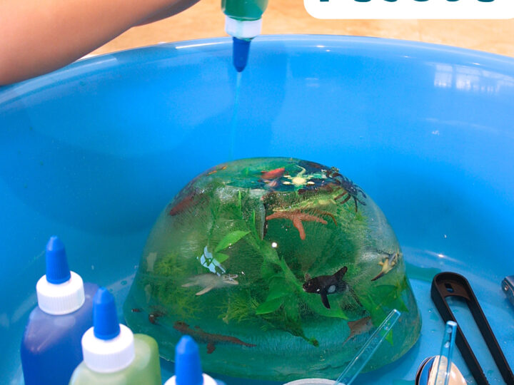 Child playing with a frozen block in a blue tub filled with various colored bottles and tools. Text reads Frozen Ocean Animal Rescue.