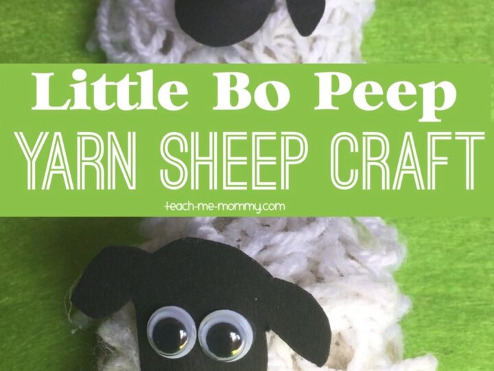 Two yarn sheep crafts with googly eyes and black paper faces on a green background. Text reads Little Bo Peep Yarn Sheep Craft.