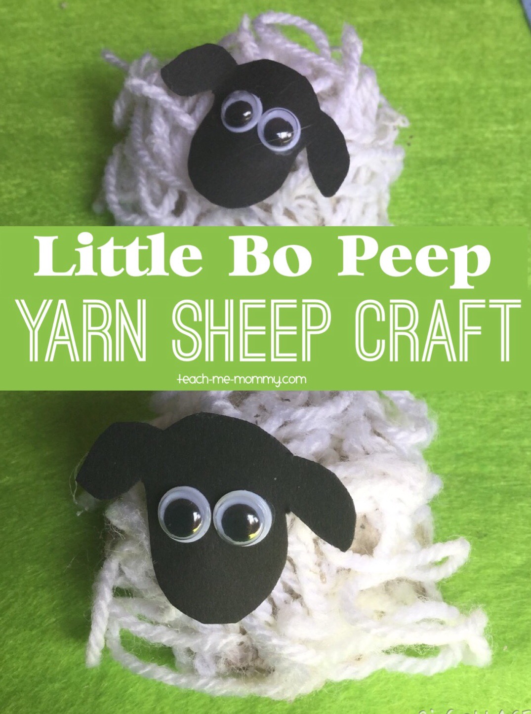 Two yarn sheep crafts with googly eyes and black paper faces on a green background. Text reads Little Bo Peep Yarn Sheep Craft.
