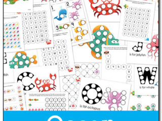Image of various ocean-themed do-a-dot printables scattered on a surface. The printables feature sea creatures like turtles, octopuses, clams, and jellyfish, each with outlined dots for coloring. Text reads Ocean Do-a-Dot Printables from Gift of Curiosity.