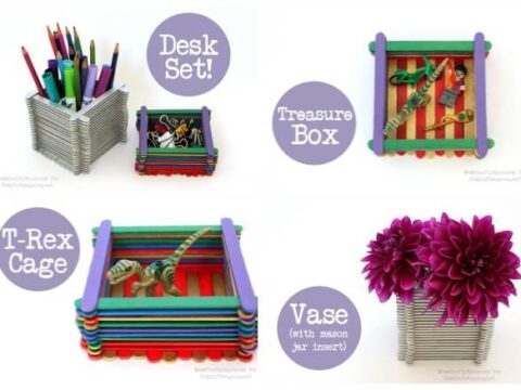 Four colorful popsicle stick crafts: a desk set holding pens, a treasure box with small items inside, a T-Rex cage with a toy dinosaur, and a vase with a mason jar insert holding purple flowers. Each has a labeled circle.