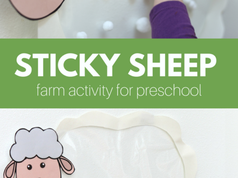 A child’s hand sticking cotton balls onto a sheep craft for a farm-themed preschool activity. The craft features a sheep face with a fluffy body outline. Text at the bottom reads Sticky Sheep farm activity for preschool and free printable.