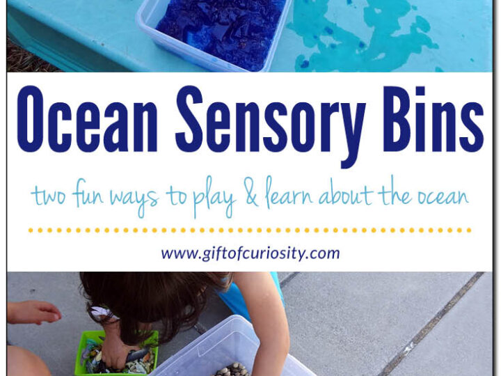 Children playing with ocean-themed sensory bins, one filled with blue materials and ocean toys, the other with pebbles and sea animal figurines. The bins are placed on a turquoise bench and pavement. Text reads Ocean Sensory Bins with a website link.