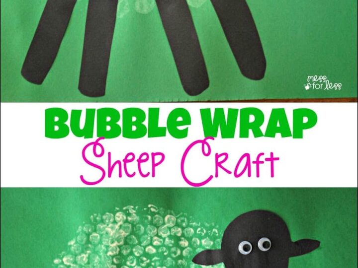 A craft project featuring a sheep made from bubble wrap and construction paper. The sheeps body is formed with white bubble wrap print, and it has a black head and legs. Text reads Bubble Wrap Sheep Craft on a green background.