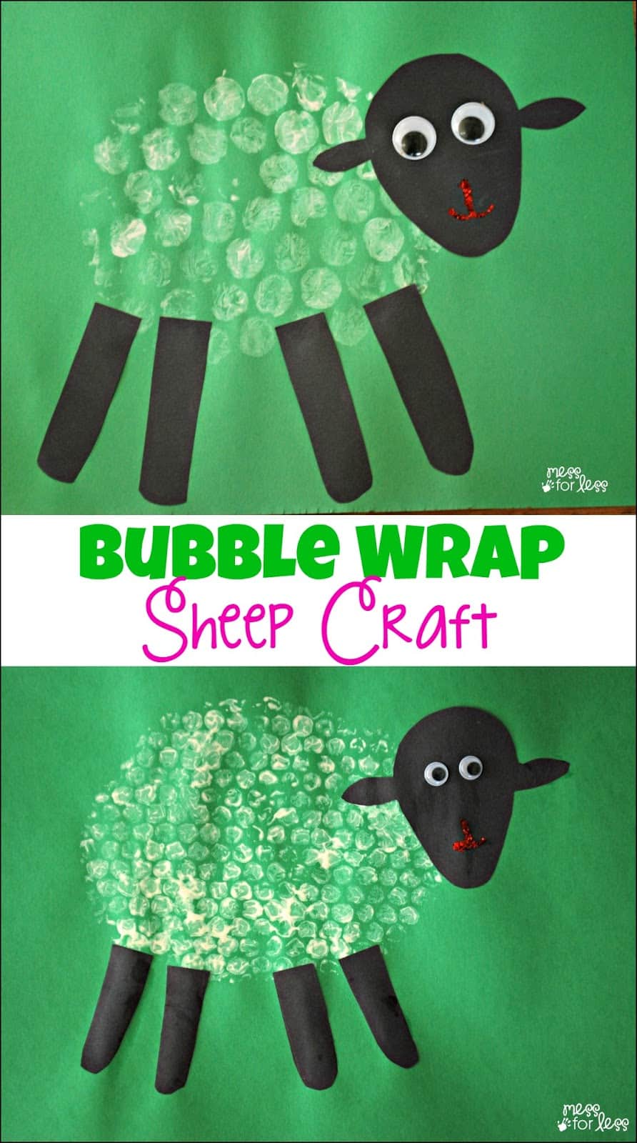 A craft project featuring a sheep made from bubble wrap and construction paper. The sheeps body is formed with white bubble wrap print, and it has a black head and legs. Text reads Bubble Wrap Sheep Craft on a green background.