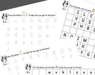 Image of a worksheet titled C is for Cow Handwriting Letter Mazes. It features activities like tracing the letter C and finding letters in mazes to help a cow reach the barn. Includes illustrations of cows and barns to engage children.