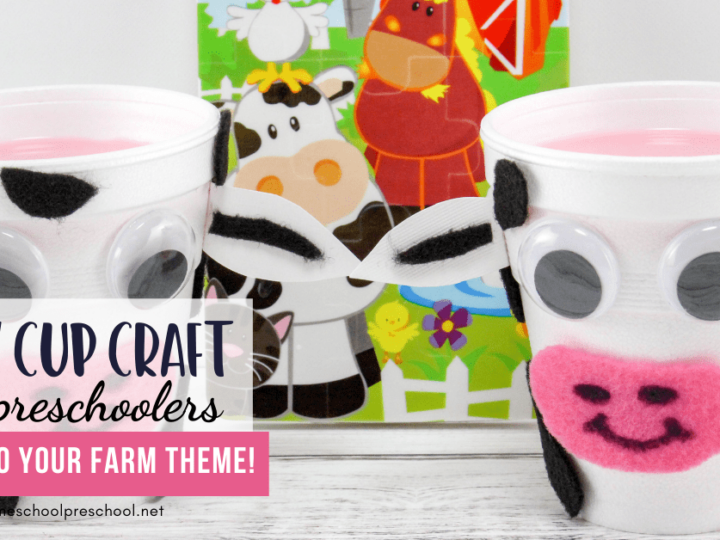 Two cups decorated as cows with googly eyes and black spots stand in front of a colorful farm-themed book. Text reads, Cow Cup Craft for Preschoolers. Add to your farm theme!.