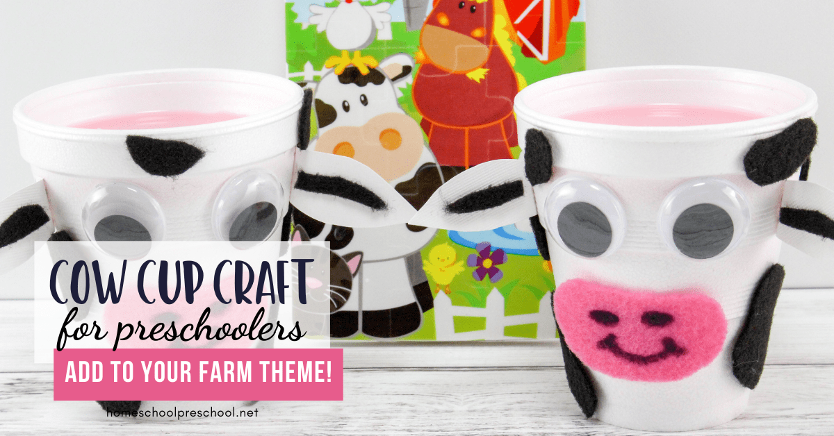 Two cups decorated as cows with googly eyes and black spots stand in front of a colorful farm-themed book. Text reads, Cow Cup Craft for Preschoolers. Add to your farm theme!.