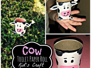 A collage of three images featuring a kids craft made from a toilet paper roll. The roll is painted to look like a cow, complete with a pink nose, black spots, and ears. Text on the image reads Cow Toilet Paper Roll Kids Craft.
