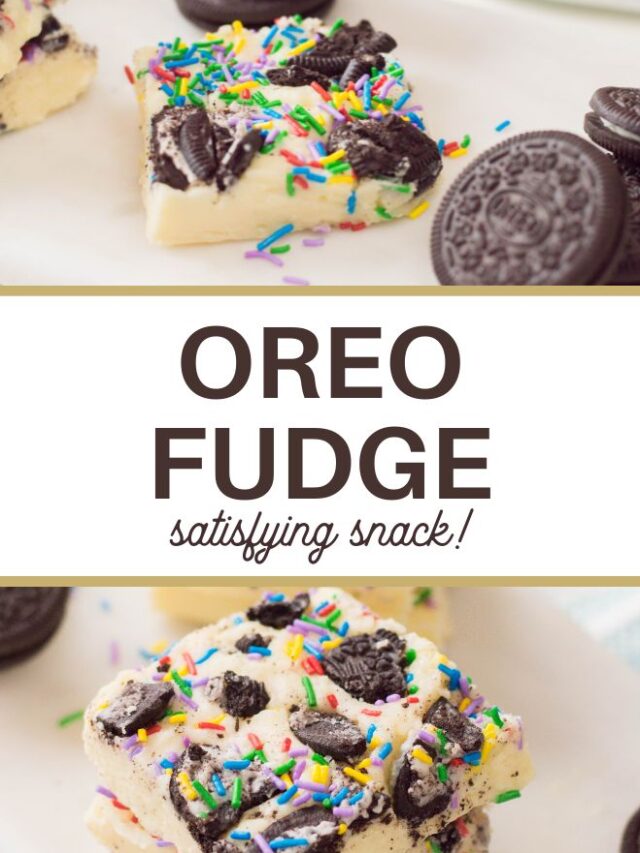 Close-up of Birthday Oreo fudge topped with colorful sprinkles and Oreo pieces. Text in the center reads OREO FUDGE—a satisfying snack!