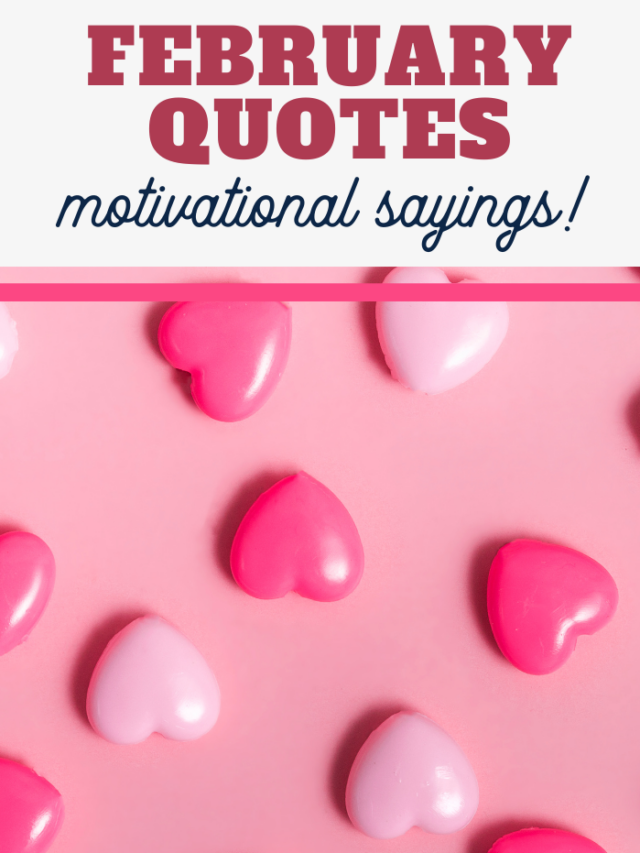 Set against a pink background adorned with various pink and red heart-shaped objects, the text at the top inspires with "Motivational February Quotes!
