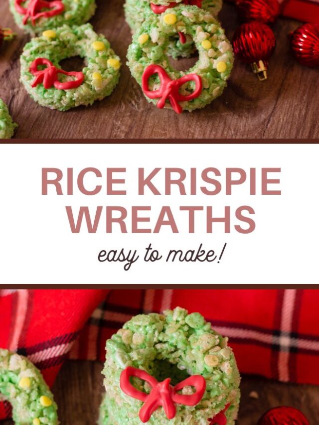 Green Rice Krispie wreaths, decorated with red frosting bows and colorful candies, are displayed. A red plaid cloth and ornaments adorn the background. Text reads: RICE KRISPIE WREATHS—an easy recipe to make!.