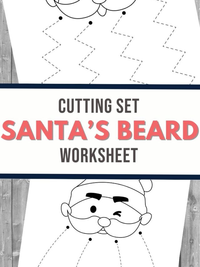 Illustration of a Scissor Cutting Santa's Beard worksheet. It features a cartoon Santa face at the top, with dashed lines extending from the beard area. The text reads, Cutting Set Santa’s Beard Worksheet on a wooden background, perfect for engaging Pages in festive fun.