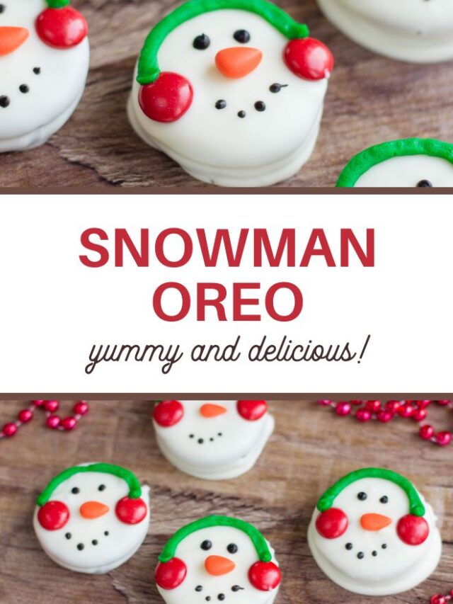 Festive Oreo cookies decorated as snowmen with white icing, red earmuffs, orange noses, and black dots for eyes and smiles on a wooden surface. Text reads SNOWMAN OREO RECIPE: yummy and delicious!