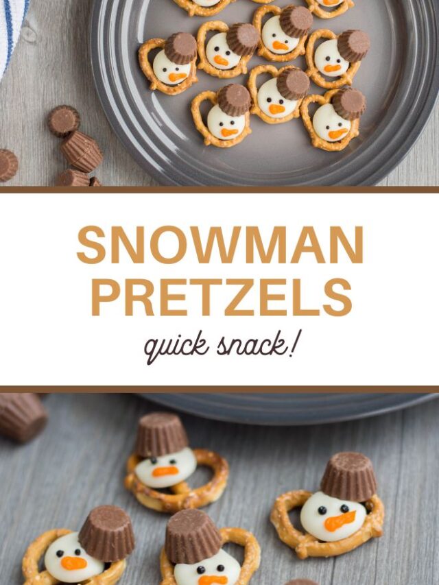 A delightful recipe for snowman pretzel snacks, featuring pretzels coated in white chocolate with candy eyes, orange candy noses, and peanut butter cup hats. Text reads SNOWMAN PRETZELS quick snack! on a gray wooden surface.