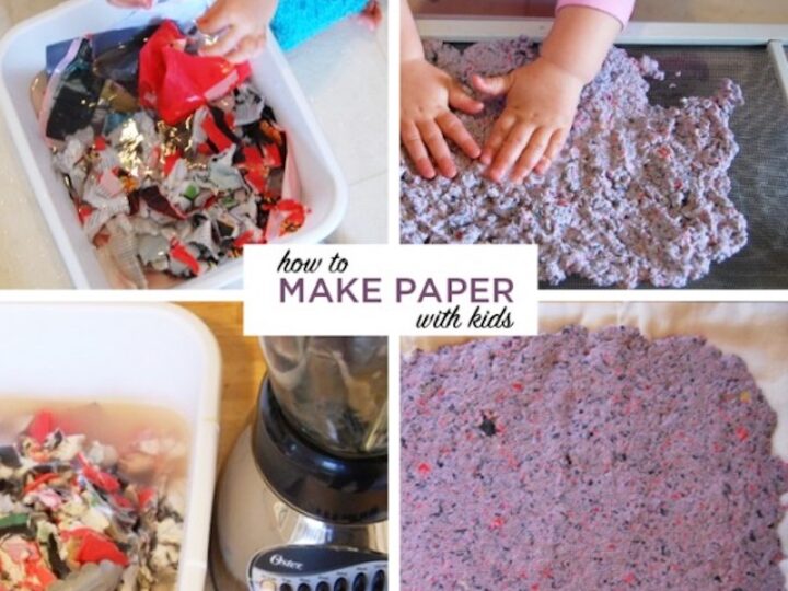 Collage of four images showing steps to make paper with kids: tearing paper into a bin, blending paper pulp with water, spreading pulp on a screen, and the dried paper sheet. Text reads how to make paper with kids and TINKERLAB®.