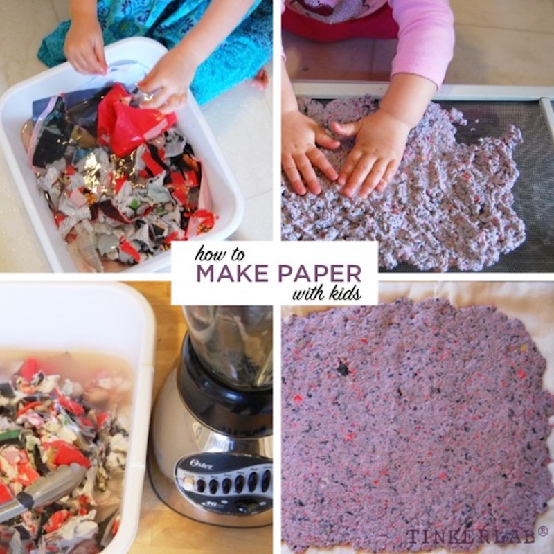 Collage of four images showing steps to make paper with kids: tearing paper into a bin, blending paper pulp with water, spreading pulp on a screen, and the dried paper sheet. Text reads how to make paper with kids and TINKERLAB®.