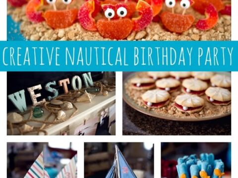 Collage of a nautical-themed birthday party: crab-shaped treats, decorated sugar cookies, a Weston display, striped party cup, blue cake with a sailboat topper, and pretzel rods with blue and orange icing.