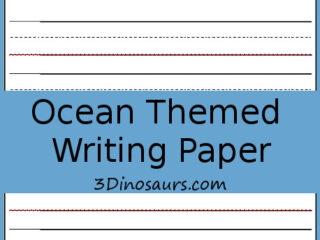 Ocean-themed writing paper featuring illustrations of sea animals, including a dolphin, turtle, octopus, and whale at the top. The paper has blue borders and lined sections for writing, with Ocean Themed Writing Paper text in the center.