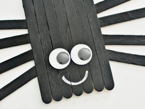 Craft of a spider made from black-painted popsicle sticks, forming its body and legs. Two googly eyes are attached to the body, with a white painted smile underneath. The background is plain white.
