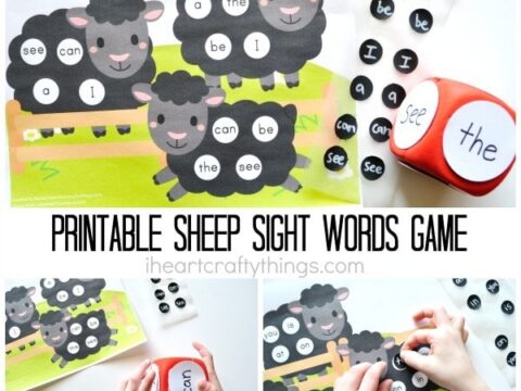 A printable sheep sight words game featuring cartoon sheep with sight words on them. A child rolls a red dice with words like see and the and matches them with words on the sheep. The game is by iheartcraftythings.com.