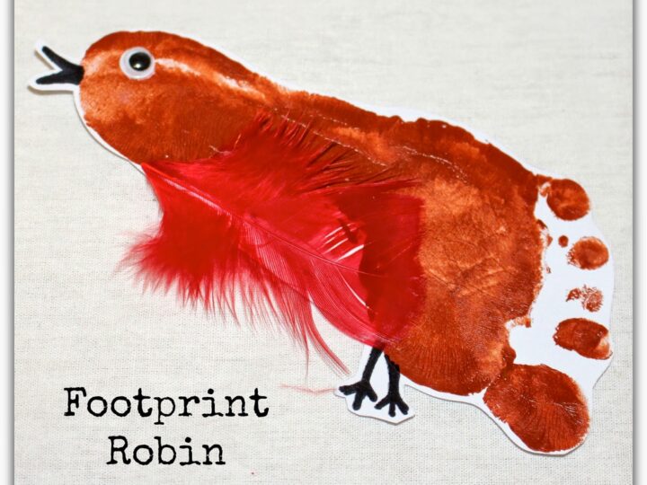A craft of a robin made with a painted footprint. The bird is enhanced with a red feather for the breast and a googly eye, set against a plain background. Text reads Footprint Robin with the website messylittlemonster.com at the bottom.