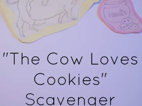 A flyer with a hand-drawn cow and cookie jar, titled The Cow Loves Cookies Scavenger Hunt. It states Virtual Book Club for Kids with a website link at the bottom.