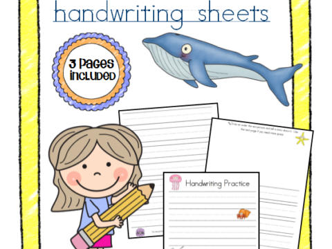 A colorful poster for Under the Sea Handwriting Sheets features a cartoon girl holding pencils, a blue whale illustration, and previews of three handwriting practice pages. Includes a badge stating 3 pages included.