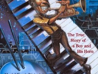 Illustrated book cover of Play, Louis, Play! featuring a boy joyfully playing a trumpet while stepping on piano keys. The background includes abstract musical and urban elements. Subtext reads The True Story of a Boy and His Horn.