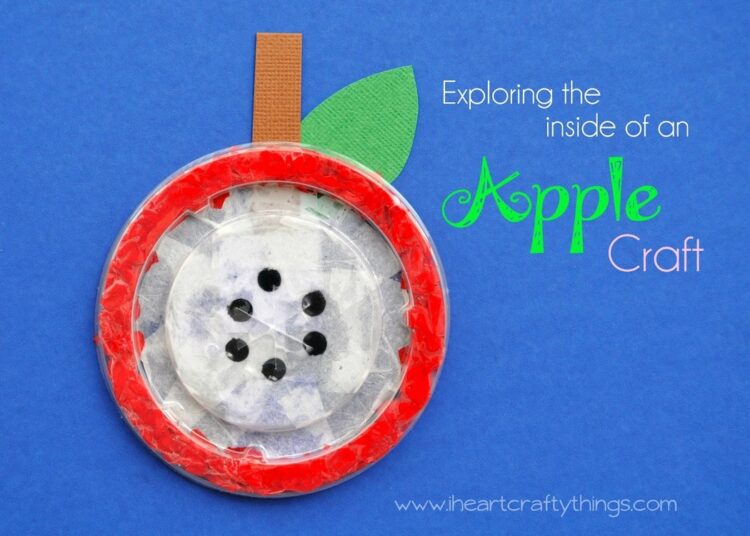 A creative apple craft made from a paper plate with a red border, simulating an apple slice. It has seeds and a brown stem with a green leaf. Text reads Exploring the inside of an Apple Craft. Website: iheartcraftythings.com.