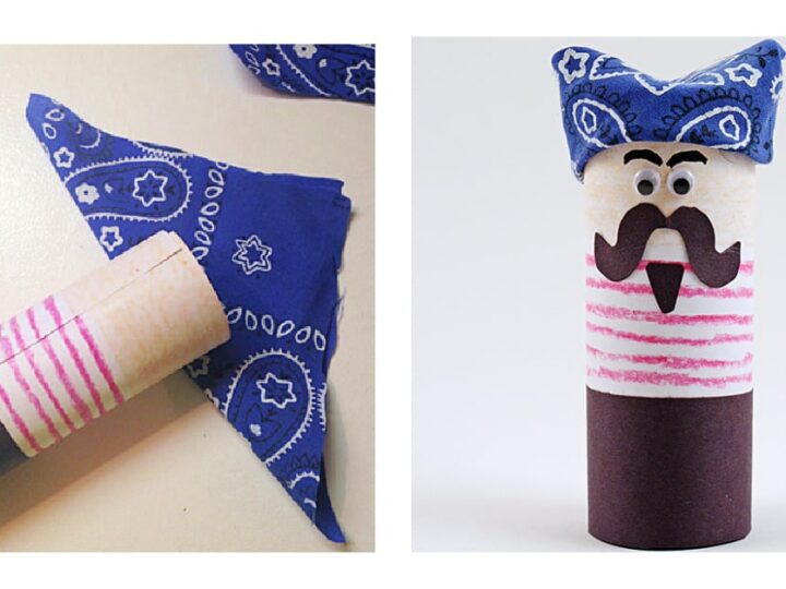 Two craft images of toilet paper roll pirates. The left shows an incomplete pirate with a blue bandana and striped shirt. The right shows a complete pirate with painted facial features, mustache, and bandana, wearing a pink and white striped shirt.