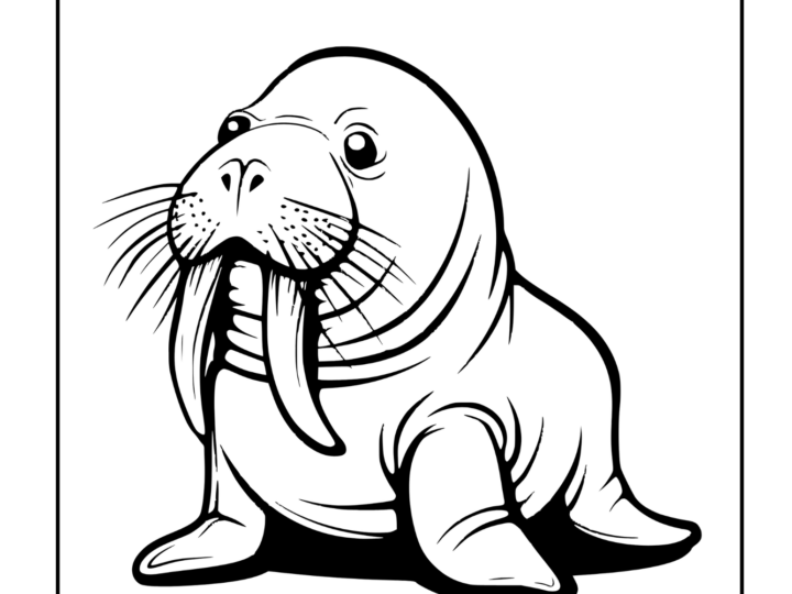Black and white illustration of a cartoon walrus with tusks, sitting upright. The word walrus is written in bold letters above. At the bottom, theres a flower logo and the website name, worksheetsforpreschoolers.com.