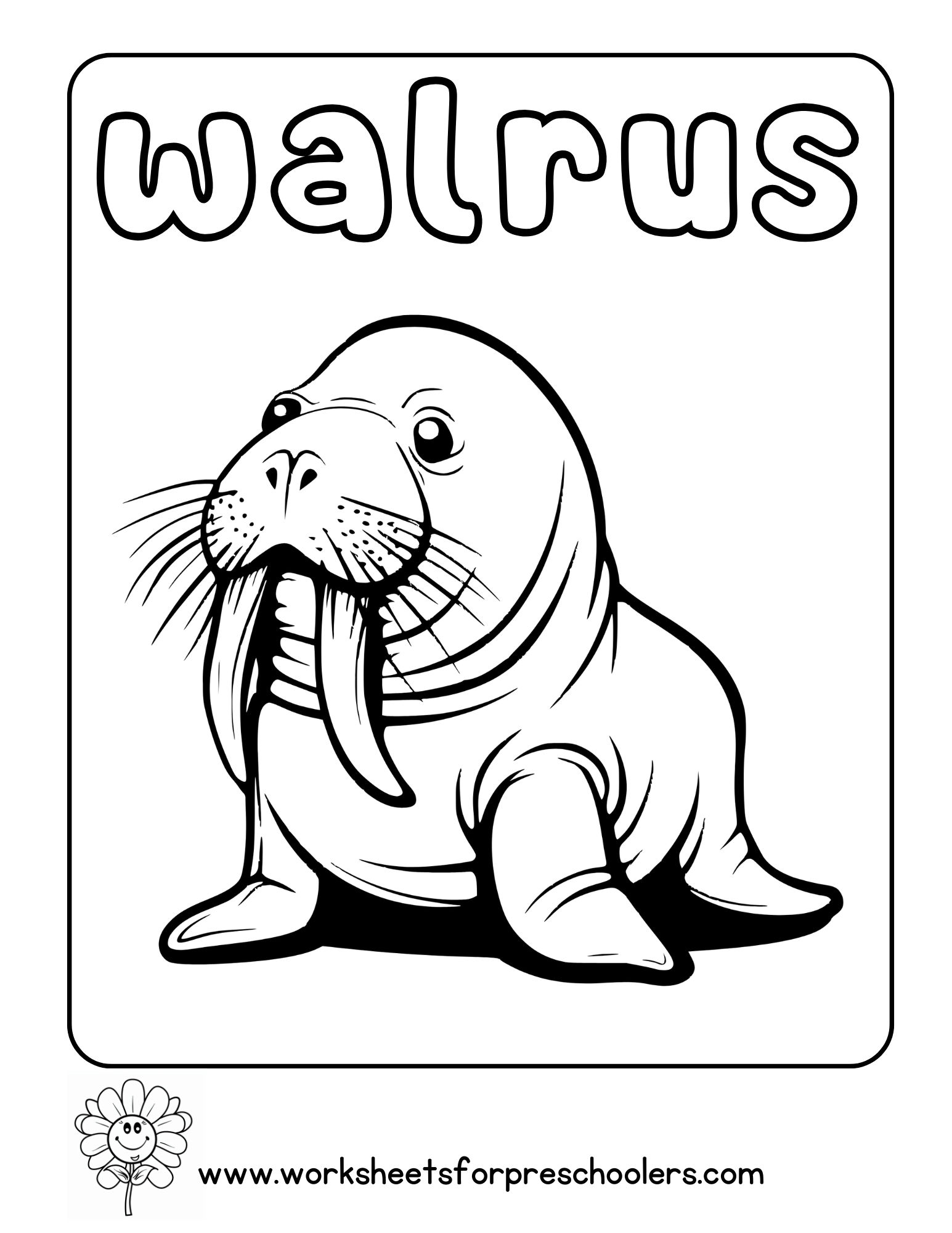 Black and white illustration of a cartoon walrus with tusks, sitting upright. The word walrus is written in bold letters above. At the bottom, theres a flower logo and the website name, worksheetsforpreschoolers.com.