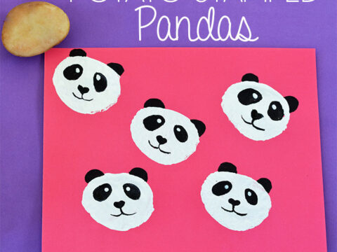 A craft project featuring pandas painted with potato stamps. The pandas are created using white circles with black eyes, ears, and nose on pink paper. A potato is placed in the top left corner. Text reads Potato Stamped Pandas.