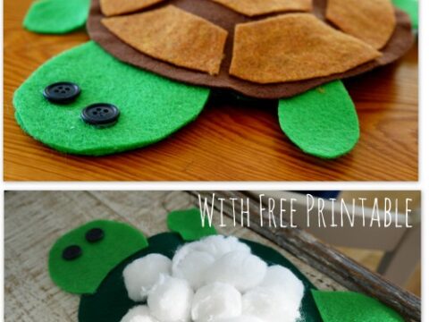 Two images showing felt turtle crafts. The top image features a turtle with a brown shell and black button eyes. The bottom image shows a green felt turtle with cotton balls on its back. Text reads How to Make a Felt Turtle and With Free Printable.