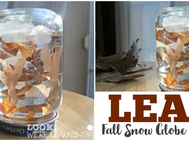 A homemade fall-themed snow globe in a jar, featuring autumn leaves and white fluffy material resembling clouds, set on a wooden surface. The text reads LEAF Fall Snow Globe Craft.