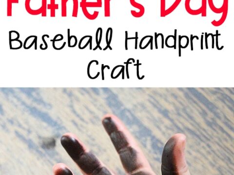 A Fathers Day craft showing a childs hand with black paint and three baseballs with black handprints on them. Text reads, Fathers Day Baseball Handprint Craft and includes a logo for The Kindergarten Connection.