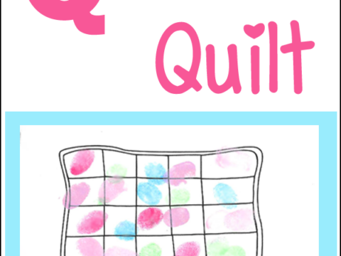 A childrens handprint art activity featuring the letter Q for Quilt. The image shows a colorful quilt design made with various handprint stamps in pink, blue, and green. The text reads Q is for Quilt.