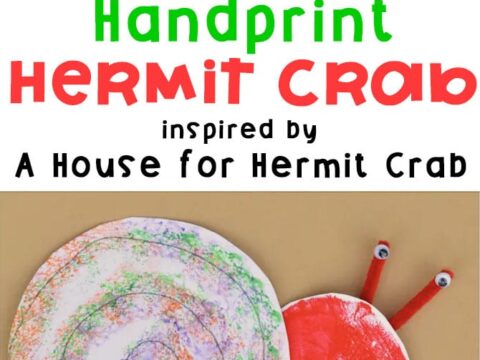 Top image: Two paper plates with paint and sponge brushes. Bottom image: A red handprint craft with googly eyes and a multicolored paper plate. Text: Handprint Hermit Crab inspired by A House for Hermit Crab.