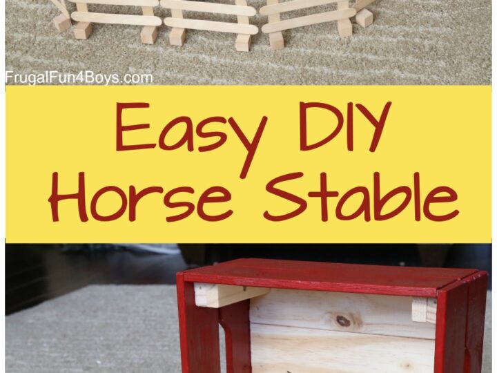 A child in a purple striped dress plays with a DIY horse stable and toy horses. The stable is made from a red wooden box, with a wooden fence around it. Text reads Easy DIY Horse Stable.