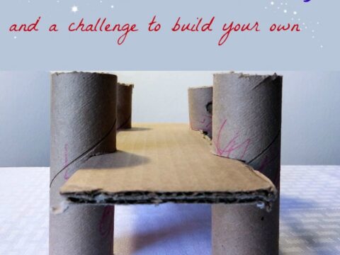 Cardboard tubes and a flat piece create a simple bridge model. The text reads, How to Build a Bridge and a challenge to build your own.