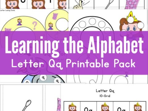 Image shows a Learning the Alphabet: Letter Q printable pack. It includes activity sheets with images of a queen, a quilt, a quail, and a Q-tip, designed for teaching the letter Q. The URL www.thisreadingmama.com is at the bottom.