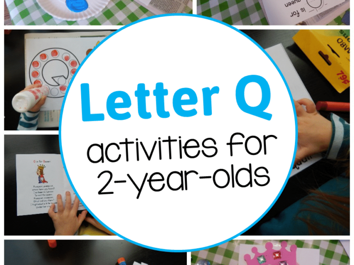 Collage of children creating Letter Q crafts. Includes gluing and coloring activities with various materials. Central text reads: Letter Q activities for 2-year-olds with a logo at the bottom right corner.