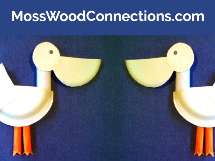 Two paper plate pelican crafts with large beaks and orange legs are displayed on a blue background. The text MossWoodConnections.com is written at the top.