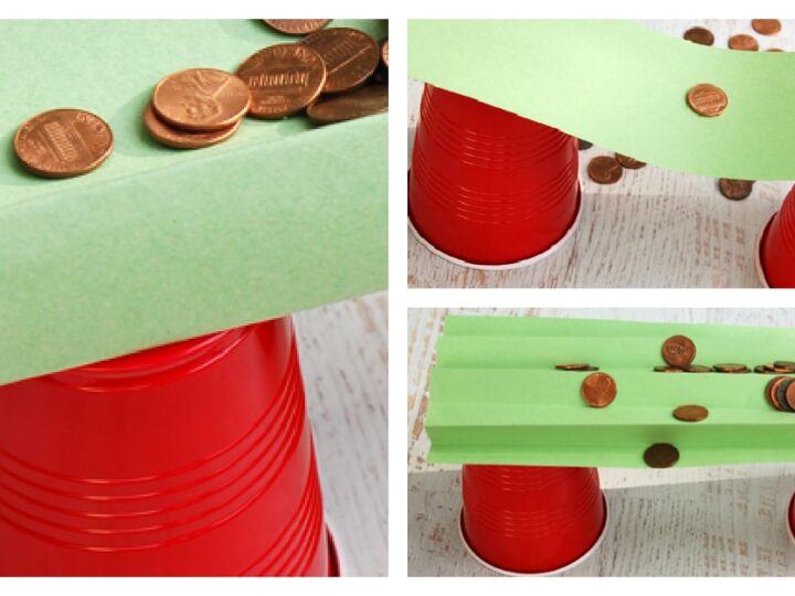 Three images show an experiment with red cups and green paper bridges holding pennies. In each, the paper is folded differently, demonstrating varying strength in supporting the coins atop the cups.