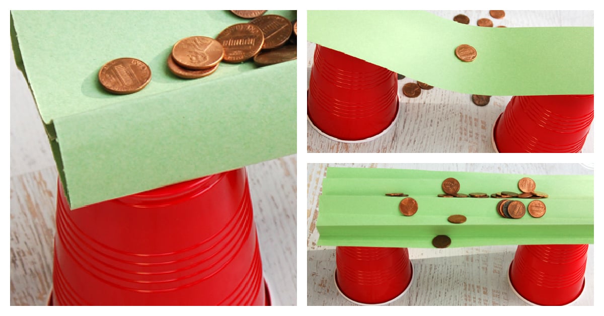 Three images show an experiment with red cups and green paper bridges holding pennies. In each, the paper is folded differently, demonstrating varying strength in supporting the coins atop the cups.